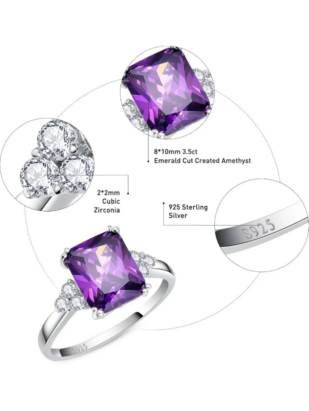 3.5CT Sterling Silver Engagement Ring, Radiant Cut CZ Wedding Band, Birthstone